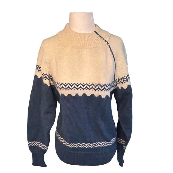 Vintage Fair Isle Mock Neck Sweater Blue Off White Knit Long Sleeve S - Picture 1 of 3